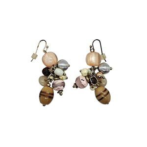 Beaded earrings art glass metal stone beige brown